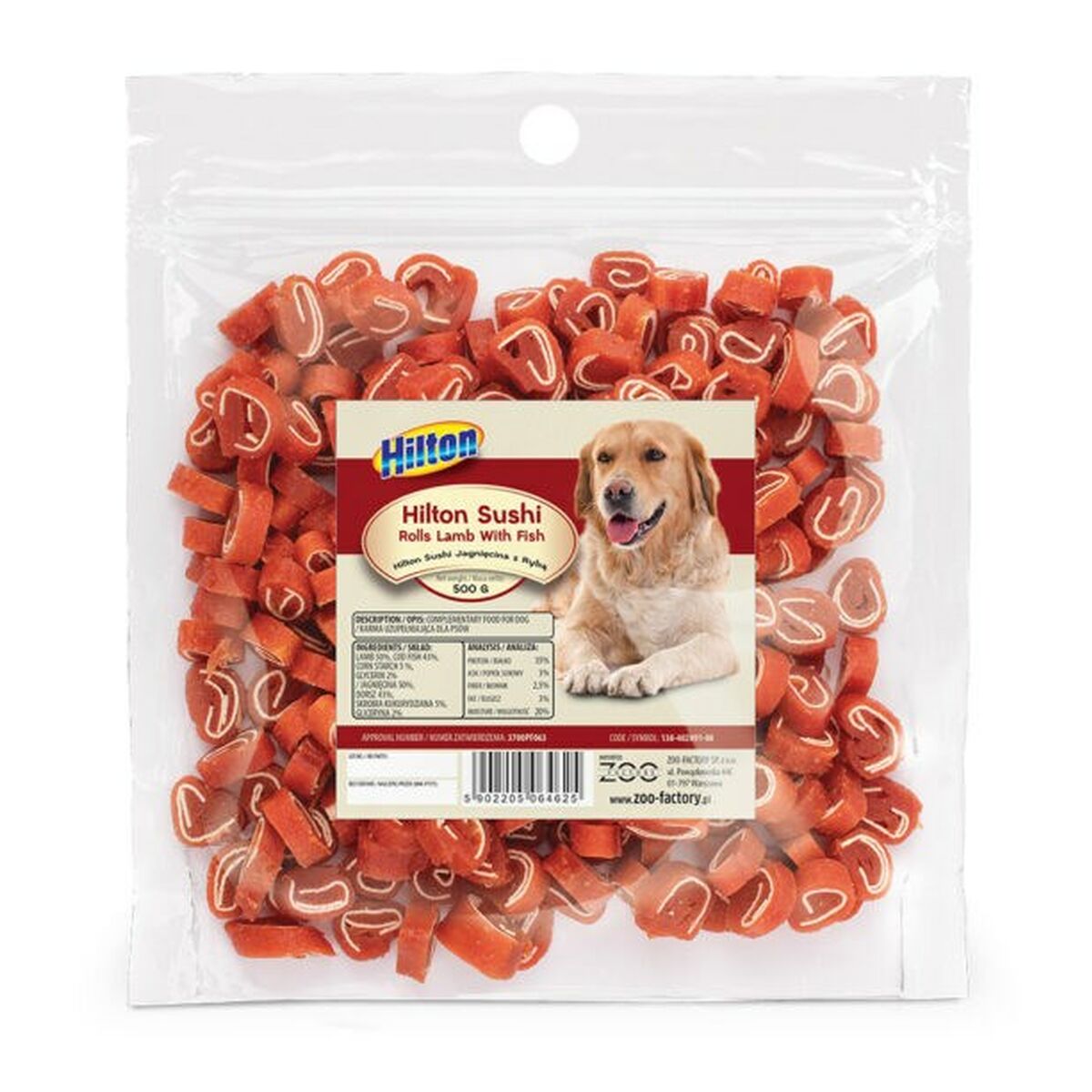 Snack pour chiens Hilton Sushi Rolls Poisson Agneau Morue 500 g