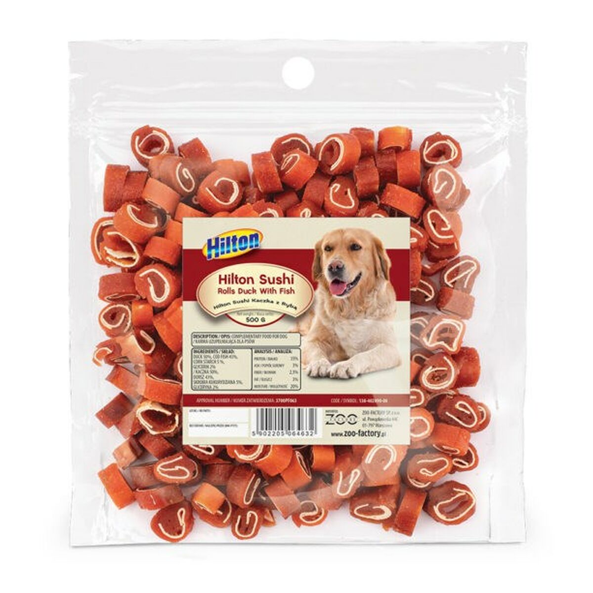 Snack pour chiens Hilton Sushi Rolls Poisson Canard Morue 500 g